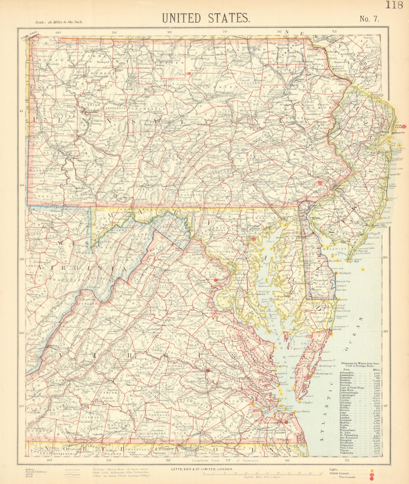 MID-ATLANTIC STATES. Pennsylvania NJ Maryland Delaware Virginia. LETTS 1892 map
